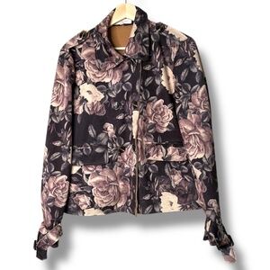 SOLITAIRE Faux Suede Rose Print Short Trench Jacket Front Pockets US Sz L